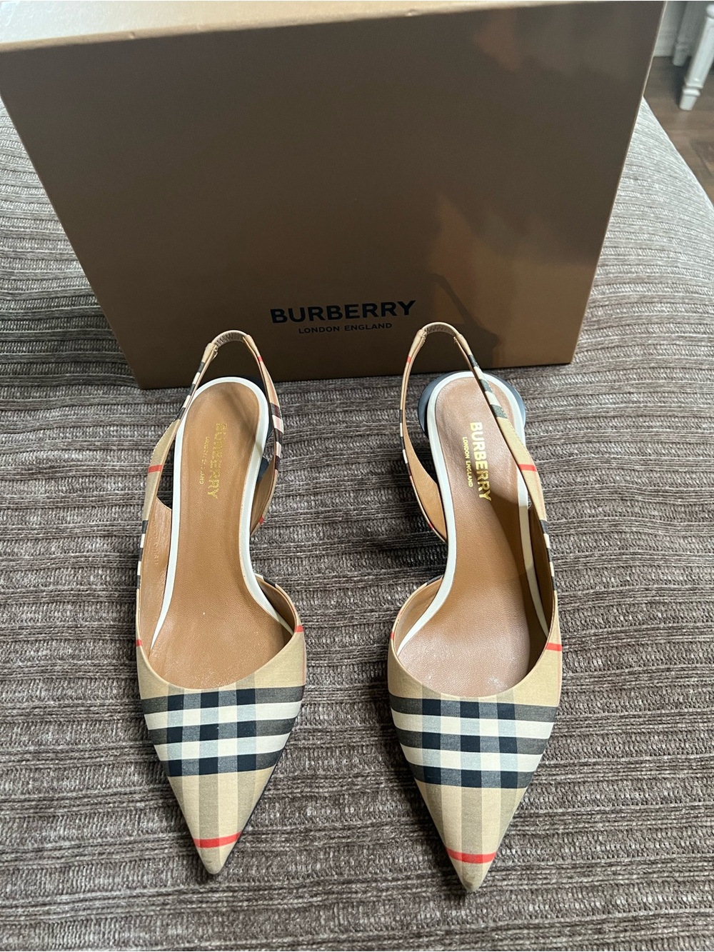 Burberry Tan Check Pointed Slingback Heels